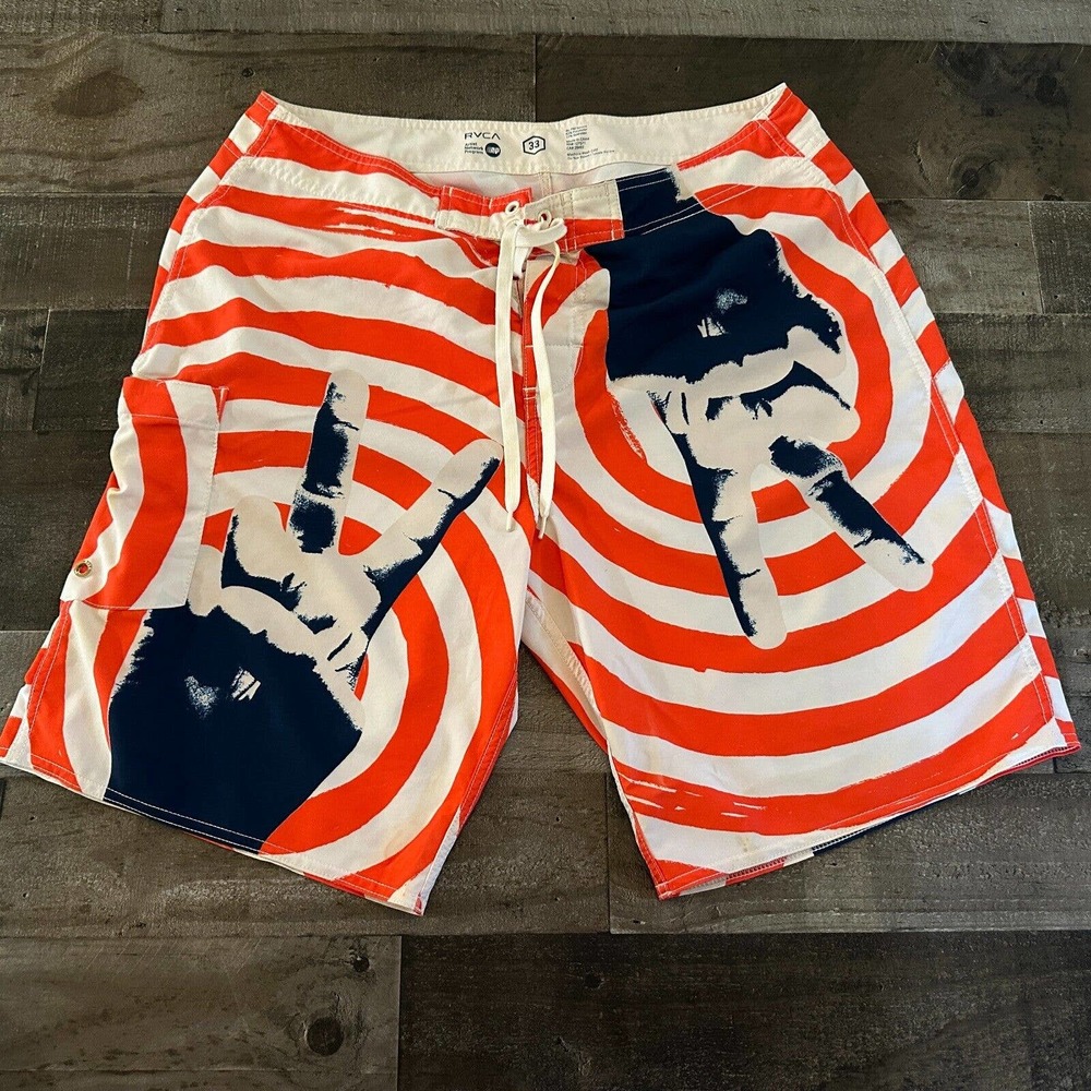 RVCA ANP Board Shorts Mens Size 33 Peace Red‎ White Artist PMTENORE Swim Trunks